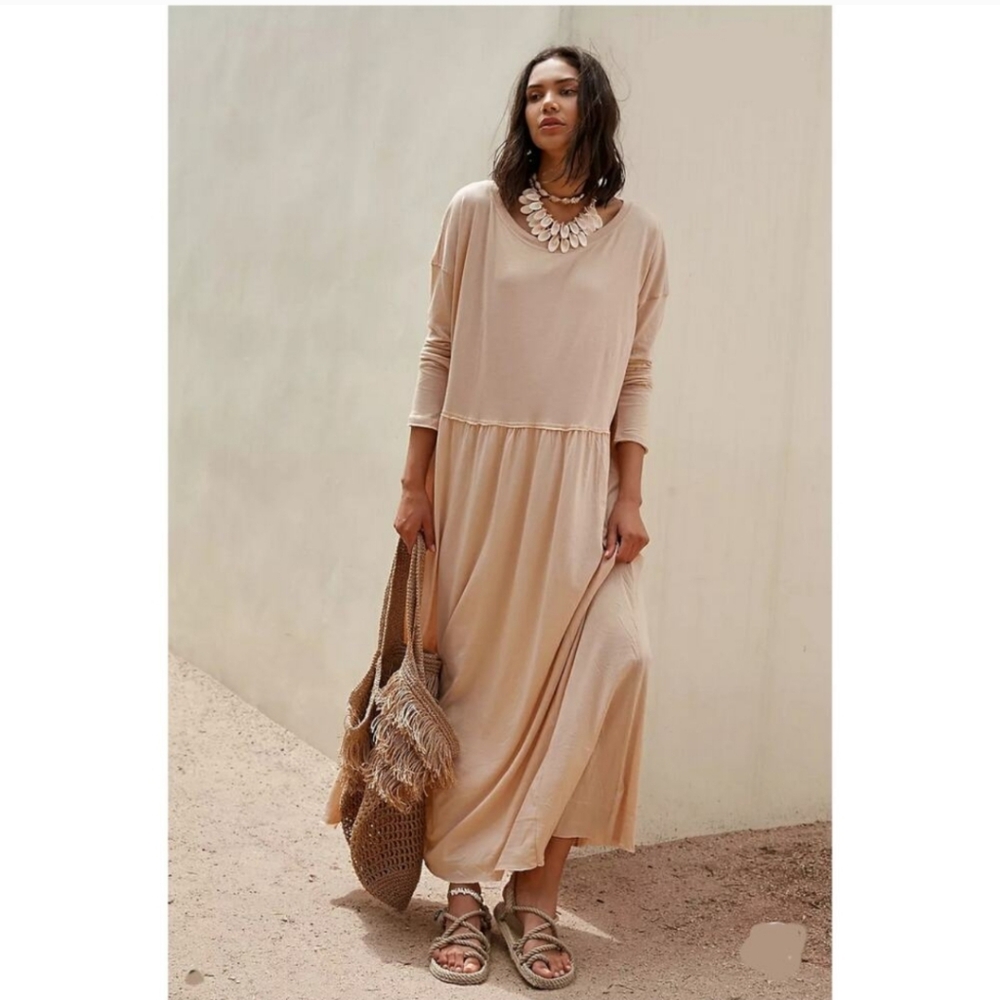 Free People Beach Cameron Elegant Peach Long Sleeve Maxi  Dress